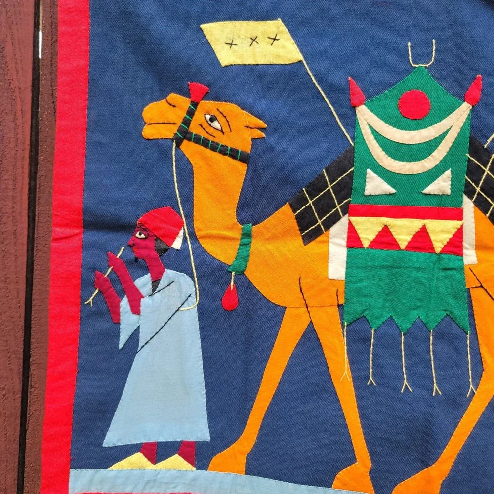 Vintage Egyptian Khayamiya Applique Wall Hanging Camel Caravan Textile Folk Art